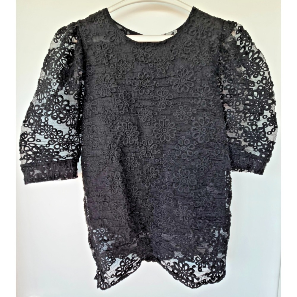Vintage Black Lace Sheer Top Balloon Sleeve Mesh Victorian Goth Y2K 2000s Size M